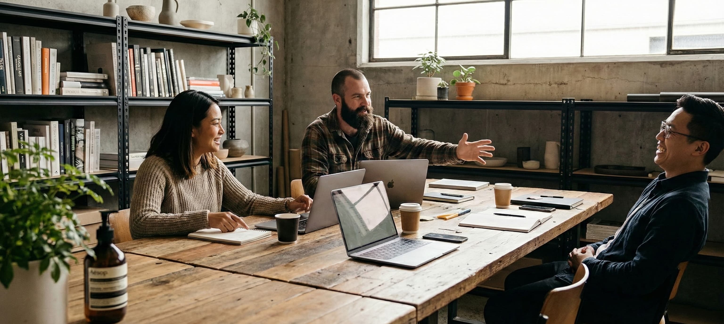 The We Are Heylo team collaborating around a table
